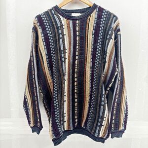 La Vane New York Coogi Style Pull Over Textured Purple Blue Sweater Size XL